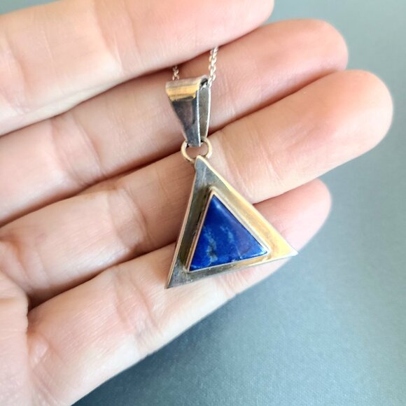Lapis Lazuli and sterling silver triangular necklace on chain. - Picture 1 of 10